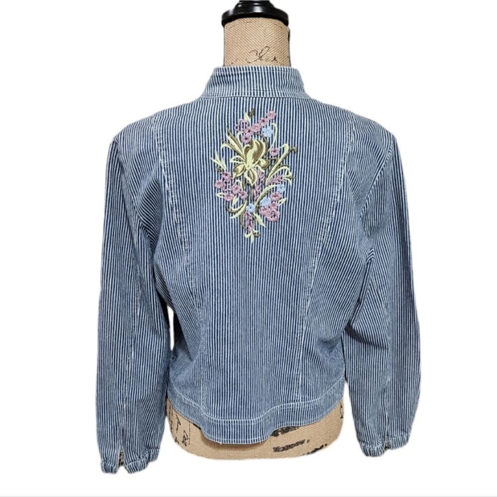 Christine Phillipe blue and White Striped Embroidered Trucker‎ Denim Jean Jacket